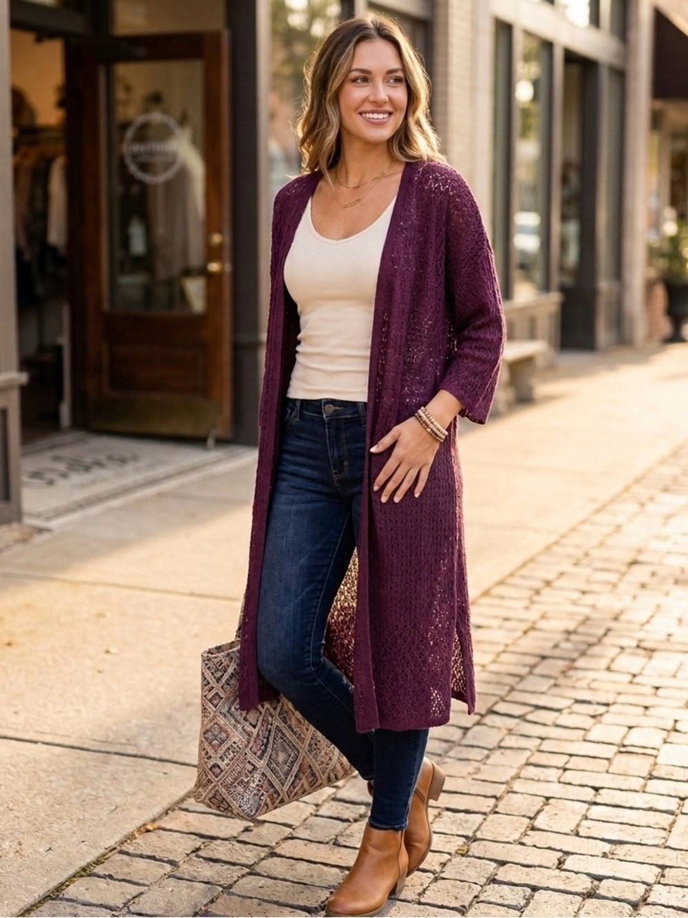 J.Jill Long Open Front Crochet Cardigan Sweater Plum Purple Large Boho Duster